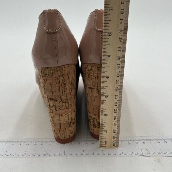 XYD Nude Round Toe Wood Platform Pumps Slip On Patent Wedge Cork High Heel Shoes - Picture 5 of 8